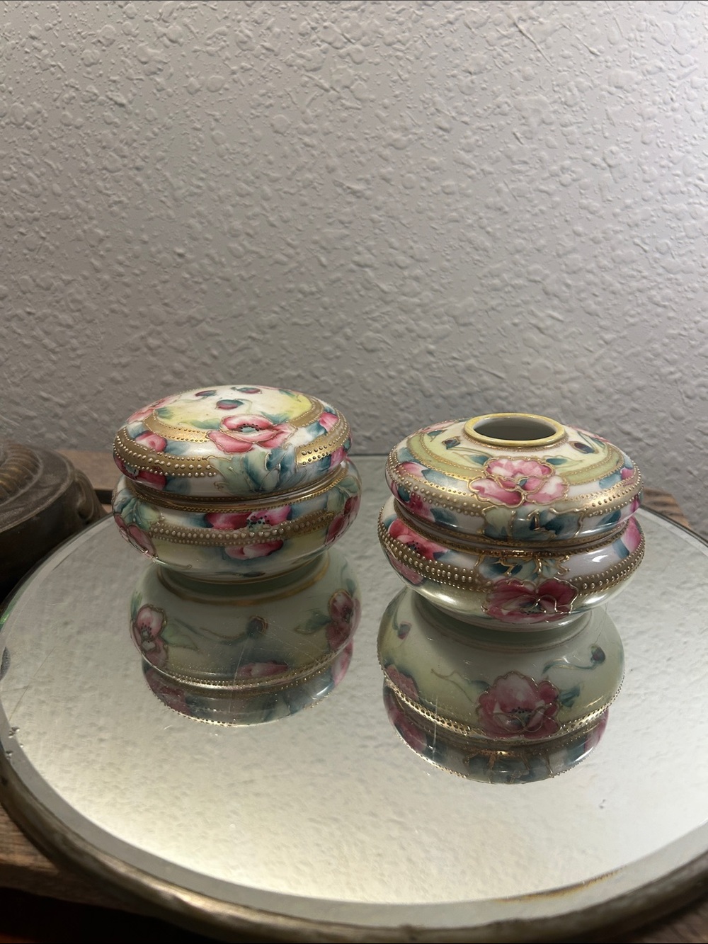 Hand-Painted Pink Floral Porcelain Trinket Box Set Nippon Cottage Core